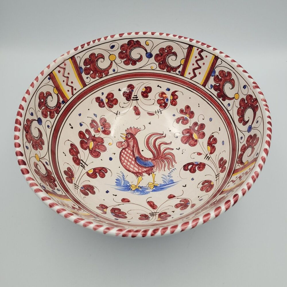 Vintage PV Italy Red Galletto Rooster Bowl Hand Painted 10" Folk Art Cottagecore